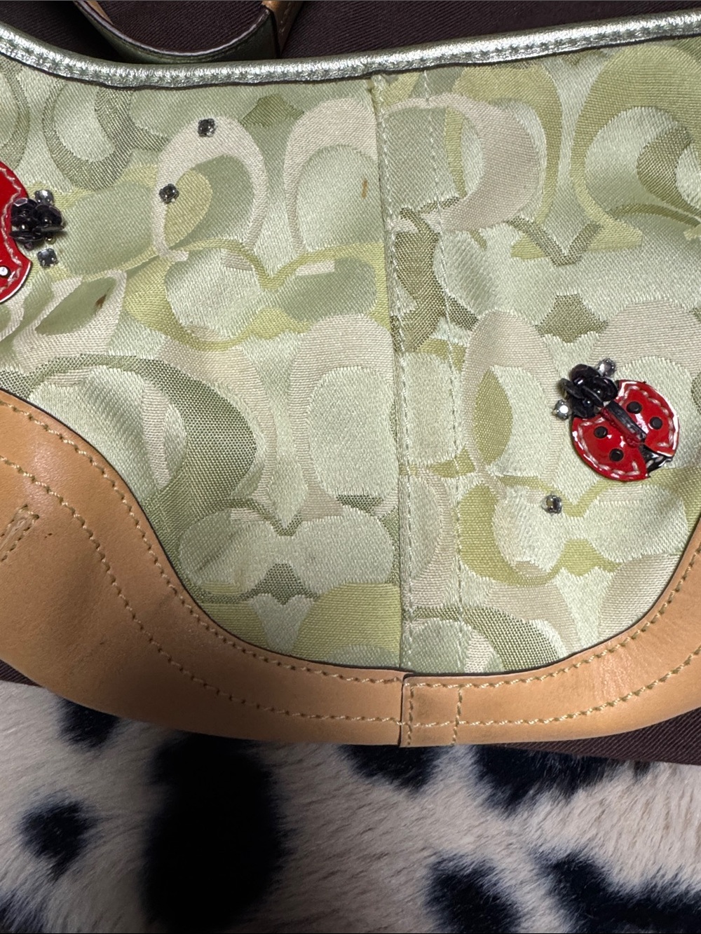 Vintage Coach Green Signature Canvas & Tan Leather Shoulder Bag with Ladybugs - Picture 7 of 9